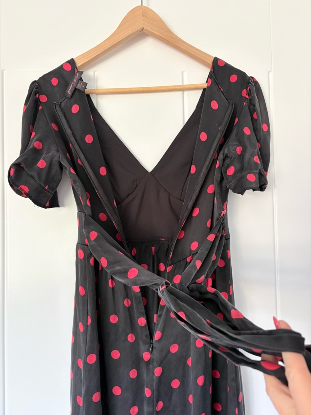 Vintage Betsey Johnson 100% Silk Black Red Polka Dot Puff Sleeve Dress - Picture 9 of 16